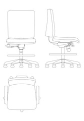 Office chair editable vector illustration on white background. Chair Line art, clip art. Hand-drawn design elements. Vector Illustration with Front, Side, and Top Views