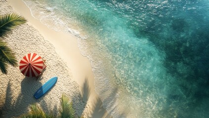 Obraz premium exotic sandy beach with palm trees, parasol and surf board. Summer vacation concept