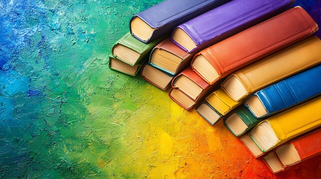 A Stack of Colorful Books on a Vibrant Rainbow Background