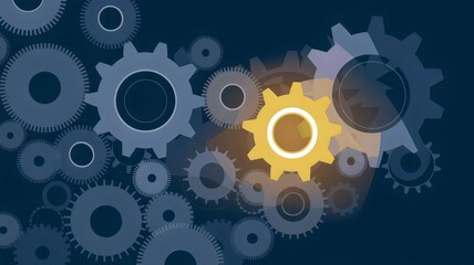 Illustration of glowing floating gears and cogs with dark blue background