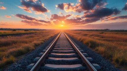 Obraz premium Railroad Track Disappearing into Beautiful Sunset over Field