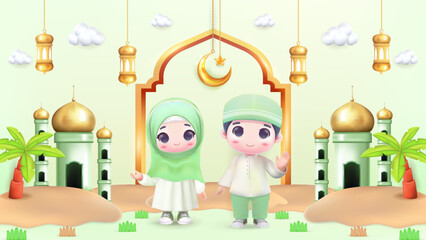 Set Elements Eid Al Fitr illustration concept with 3d cute character Muslim Boy and Girl.