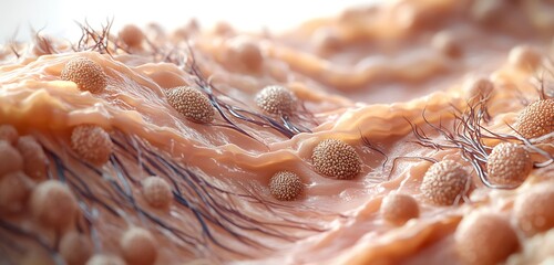 Close-up view of skin tissue with visible sebaceous glands and hair follicles