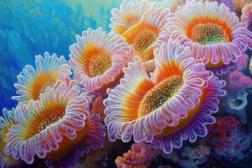 Fototapeta premium A close-up view of a stunning coral polyps colony, highlighting the vivid neon colors and delicate, flower-like structures swaying in the gentle current