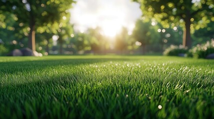 Lush green grass, sunlit park, trees, sunset, nature backdrop