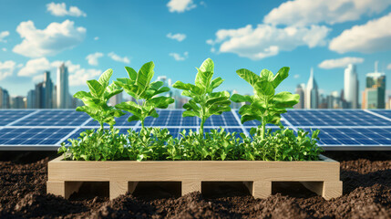 Eco friendly energy farm with solar panels and vibrant green plants
