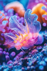 A detailed underwater macro image of a tiny nudibranch crawling over colorful coral, its vibrant colors and delicate frills standing out in the reef