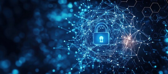 A digital illustration of an abstract lock symbol with glowing data connections, set against a dark blue background with hexagon patterns Generative AI