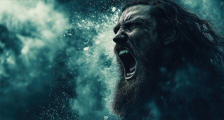 Fierce Viking Warrior in Battle Cry with Dramatic Lighting and Effects