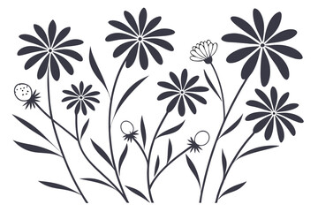 Black and white floral icons, simple geometric flower shapes, minimalist design, repeating pattern, flat silhouettes, daisy-like flowers, abstract botanical elements, symmetrical arrangement, graphic 