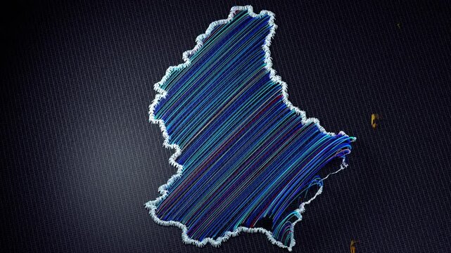 3D animation of an embroidered map of Luxembourg. The colorful threads and fabric are shown from various perspectives, with motion effects highlighting the details and the word Luxembourg.