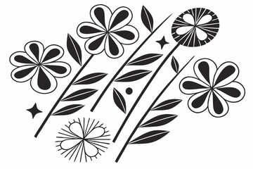 Black and white floral icons, simple geometric flower shapes, minimalist design, repeating pattern, flat silhouettes, daisy-like flowers, abstract botanical elements, symmetrical arrangement, graphic 