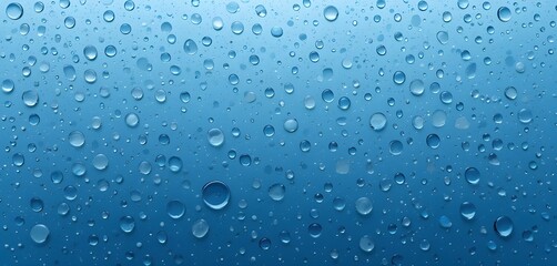 A close-up view of water droplets on a smooth, vibrant blue surface.  Numerous round water droplets of varying sizes are scattered across the image.  The droplets appear to be perfectly formed 
