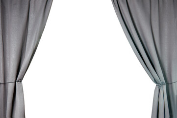 Decoratively extended curtain made of thick gray fabric isolated on a transparent background