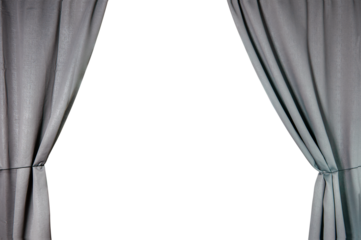 Decoratively extended curtain made of thick gray fabric isolated on a transparent background