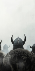 Viking warriors with horned helmets in misty landscape