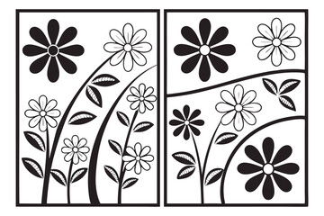 Black and white floral icons, simple geometric flower shapes, minimalist design, repeating pattern, flat silhouettes, daisy-like flowers, abstract botanical elements, symmetrical arrangement, graphic 