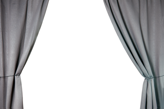 Decoratively extended curtain made of thick gray fabric isolated on a transparent background