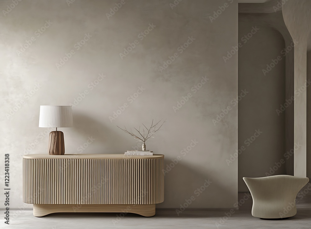 Wall mural A modern interior scene featuring an empty light gray wall, a beige wooden sideboard, and a stylish lamp, highlighting balance and simplicity in design, 3D rendering illustration