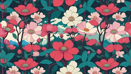 和風スタイル, 装飾プリント, 日本の美学, 繊細な調和, 自然のインスピレーション, 装飾的な花, フラットイラスト, ベクターアート, タイムレスデザイン, フローラルグラフィック, バランスの取れた構図, 装飾芸術, 視覚の魔法, 花のシンボル.