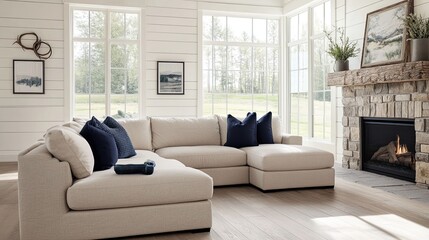 A tranquil farmhouse living room with floor-to-ceiling shiplap walls in soft white