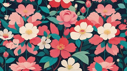 和風スタイル, 装飾プリント, 日本の美学, 繊細な調和, 自然のインスピレーション, 装飾的な花, フラットイラスト, ベクターアート, タイムレスデザイン, フローラルグラフィック, バランスの取れた構図, 装飾芸術, 視覚の魔法, 花のシンボル.