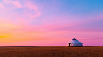 Fototapeta premium Kazakh yurt in the evening steppe, surrounded by the vast emptiness of the land as the sky transitions into twilight, offering a peaceful, reflective glimpse into the nomadic way o