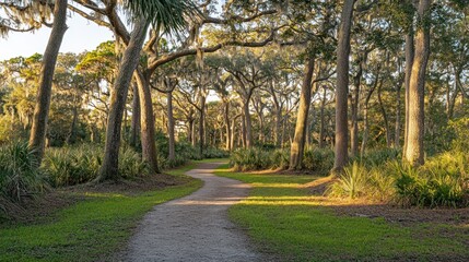 Obraz premium Sunlit Path Through Majestic Oak Tree Forest