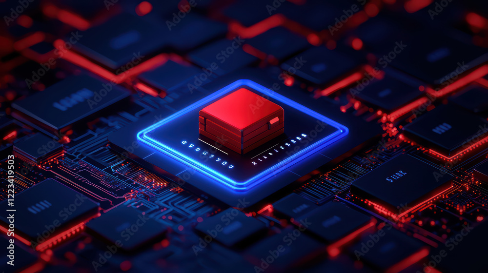 Poster high tech digital circuit with red microchip on dark background