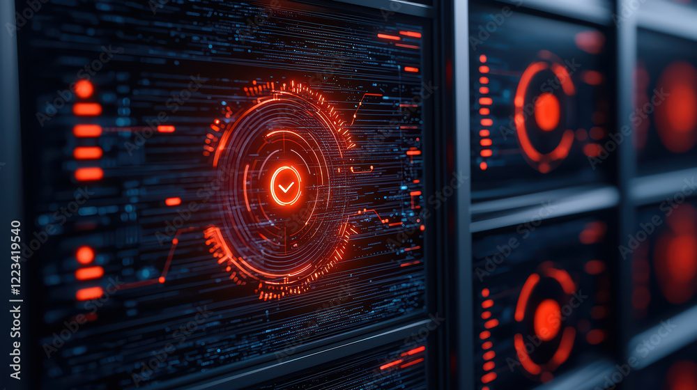 Poster high tech digital interface with glowing red elements and data patterns