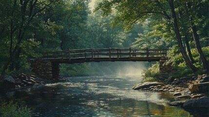 Fototapeta premium Wooden Bridge Over Misty Forest Stream
