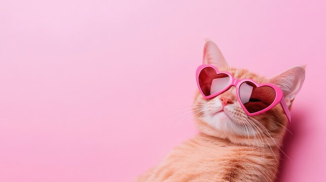 Ginger cat with pink heart sunglasses lounging against a pink background. Perfect for Valentine's Day promotions, pet-themed campaigns, and social media content