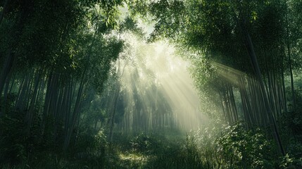 Obraz premium Sunbeams Illuminate A Lush Bamboo Forest Path