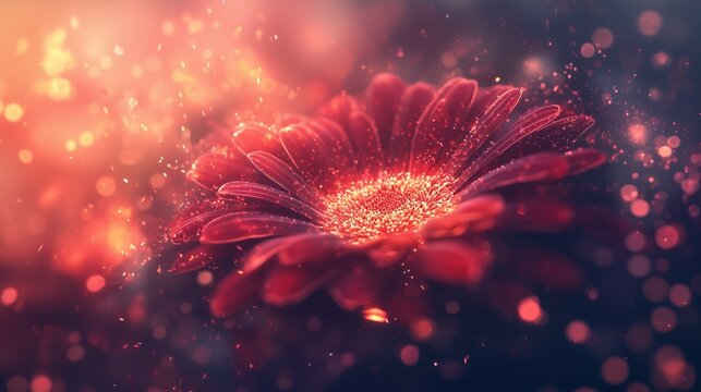 Close-Up of Vibrant Red Gerbera Daisy With Velvety Petals Surrounded by Dreamy Bokeh and Sparkling Light Particles, Magical and Ethereal Floral Composition in Warm Radiant Hues, Wallpaper Design - Powered by Adobe