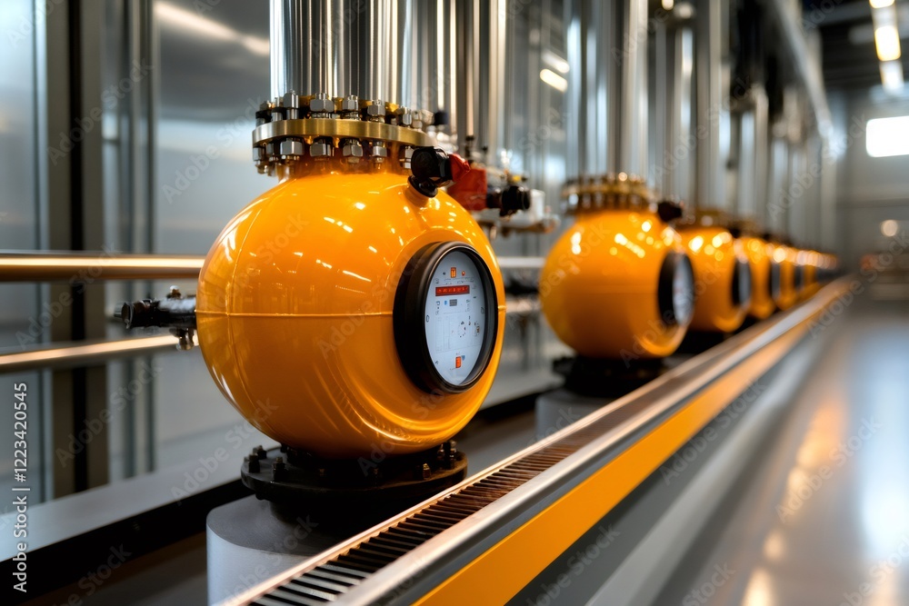 Poster Gas pipeline pressure sensors regulating and measuring gas pressure inside modern factory