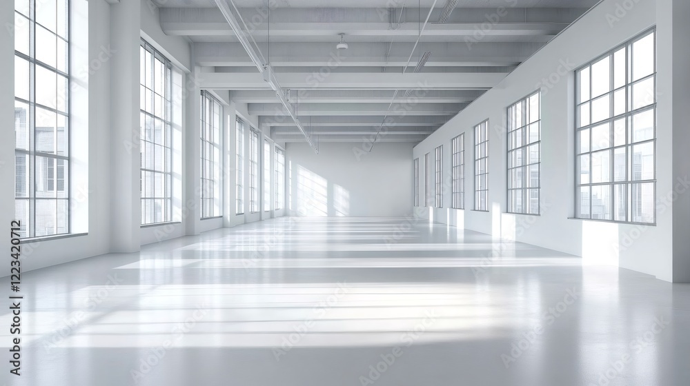 Poster sunlight illuminating empty white industrial loft with large windows
