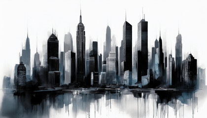 Abstract oil painting of cityscape with towering skyscrapers. Black acrylic paint. Hand drawn art