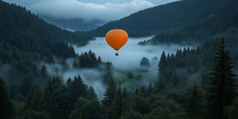 Hot air balloon flying over foggy forest during the day.