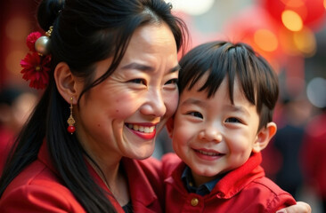 Asian woman and child group portrait, mom and son smiling, happy Chinese New Year celebration
