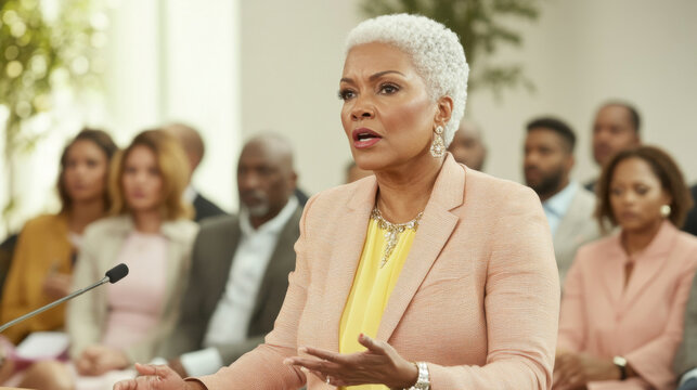Black mature woman speaking at public event with audience in background