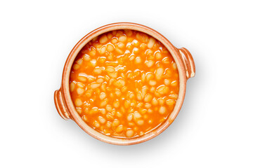 bean soup in clay bowl on white