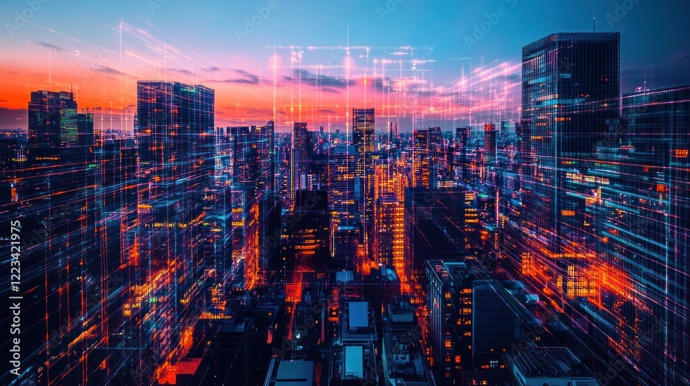 Poster futuristic cityscape illuminated with digital network overlay