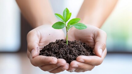 Hands holding a young plant, growth, nature, environment, care, sustainability