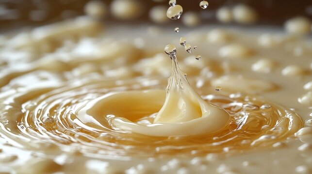 Rennet droplets create mesmerizing ripples in warm milk during cheese preparation