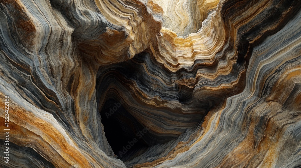 Poster swirling layers of rock form a deep cave