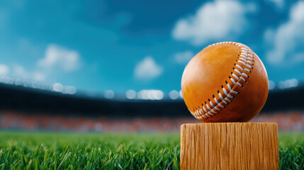 close up of baseball resting on wooden block in stadium