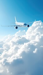Fototapeta premium Airplane flying in blue sky with fluffy white clouds. Travel concept for vacation, adventure. Vertical image for banners, posters with copy space 
