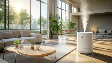 Modern humidifier in sunlit living room