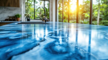 Modern kitchen countertop, blue resin, sunlight, tropical view, home decor