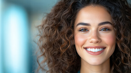 Naklejka premium Bright and cheerful woman with curly hair smiling in modern setting